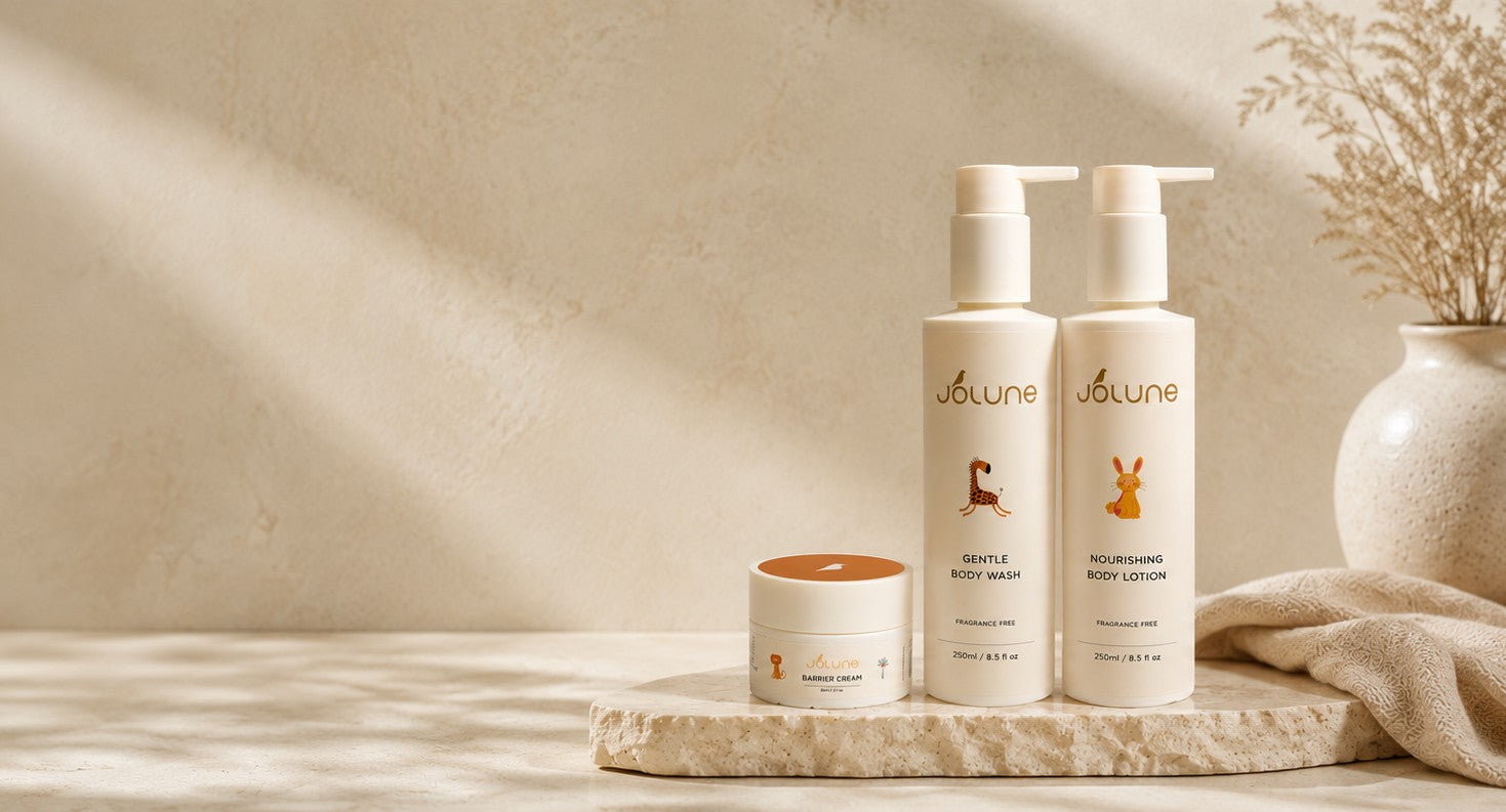Jolune baby skincare collection featuring Gentle Body Wash, Nourishing Body Lotion, and Barrier Cream for delicate and sensitive skin.